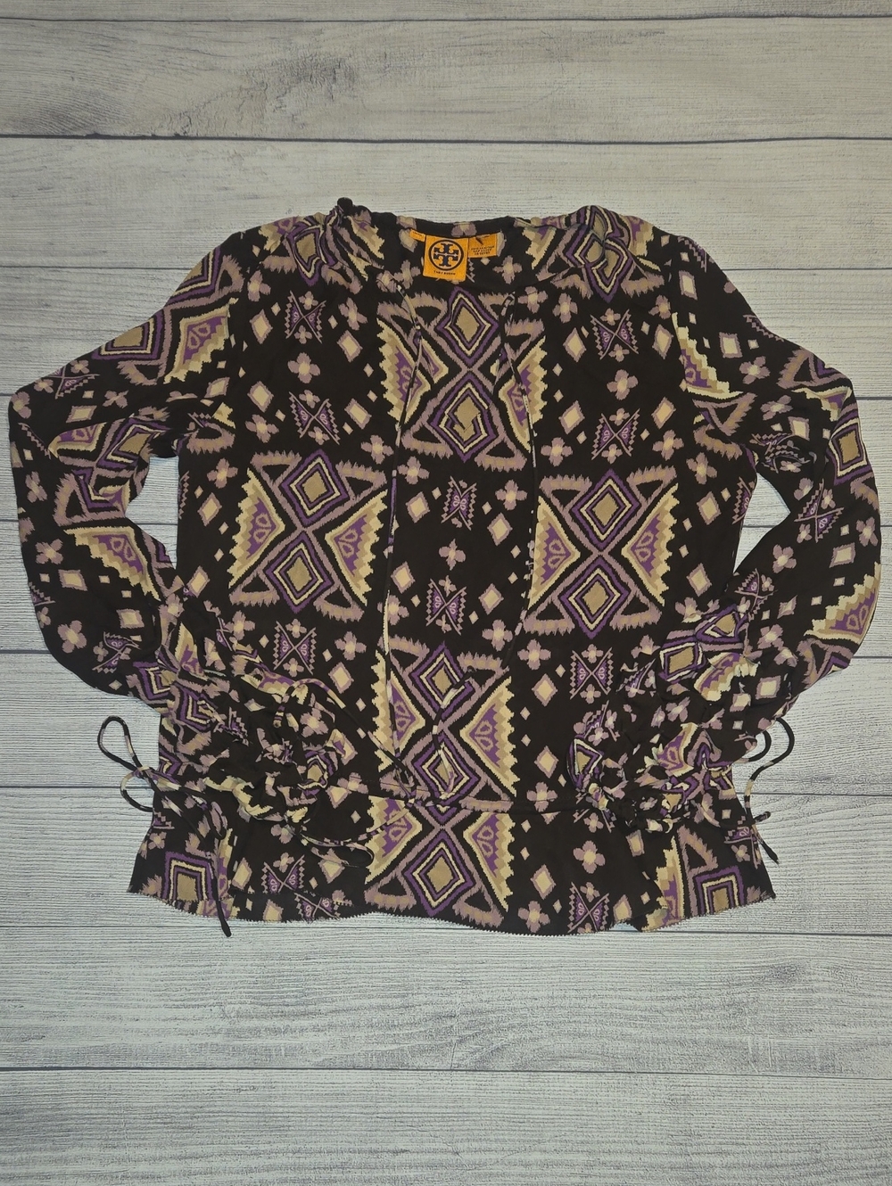 Tory Burch Geometric Print 100% Silk Blouse Brown/Purple/Cream Estimated Size L